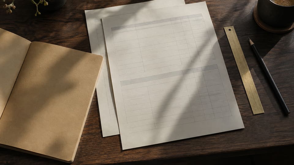 Blank planning sheets, a notebook, pencil and ruler on a dark desk