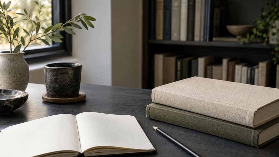 Linen-bound books, open notebook and pencil beside a window
